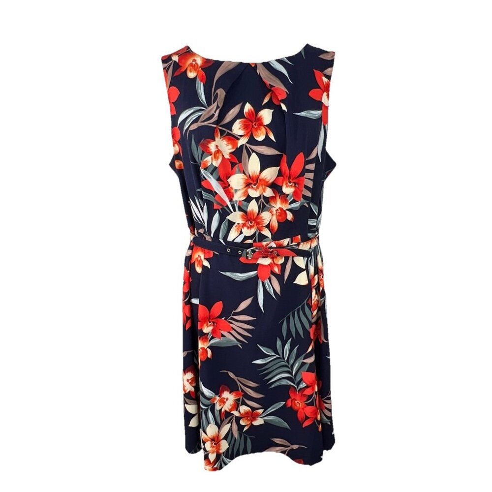 Signature Darby Size 16W Dress Blue and Orange Floral Sleeveless Zip Back Belted